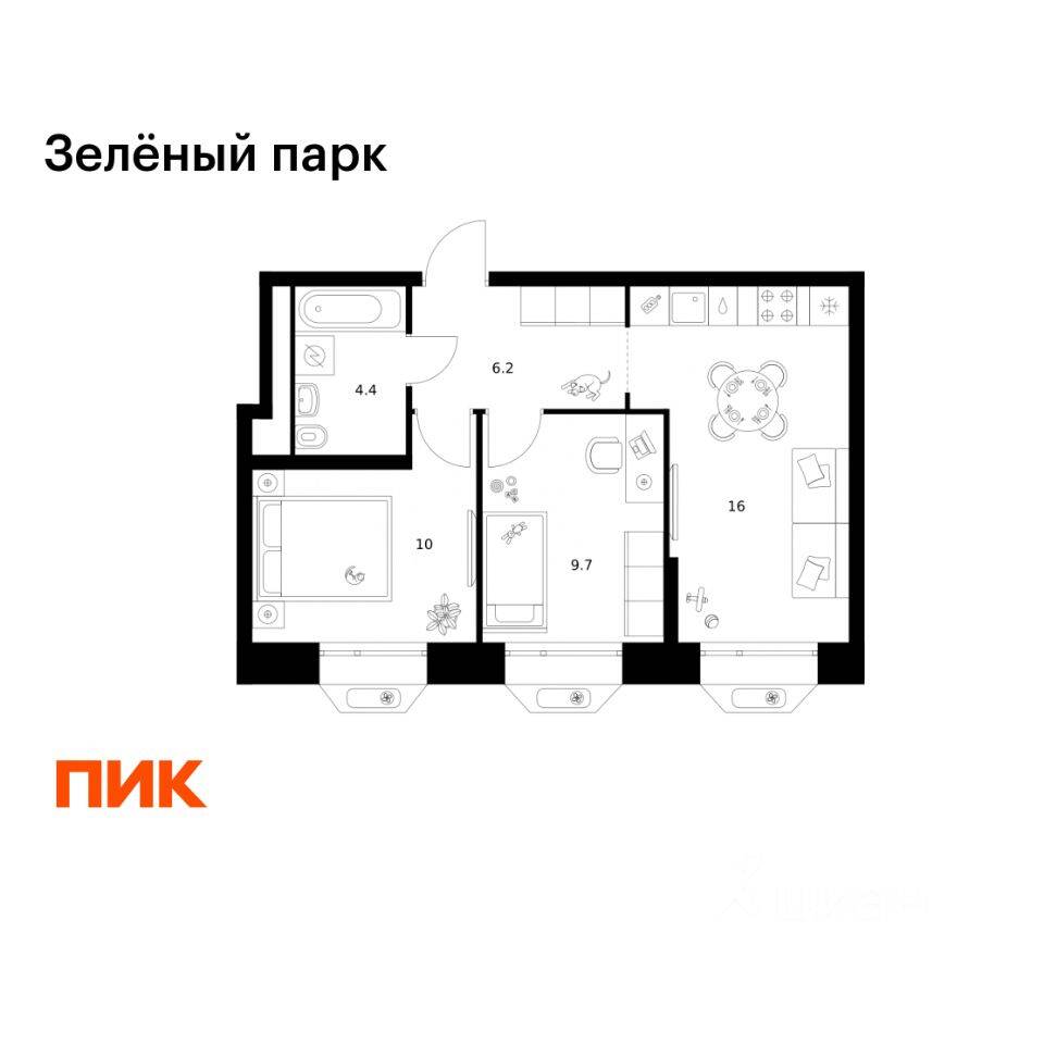 2-комн. квартира, 46,3 м², в ЖК Зеленый парк