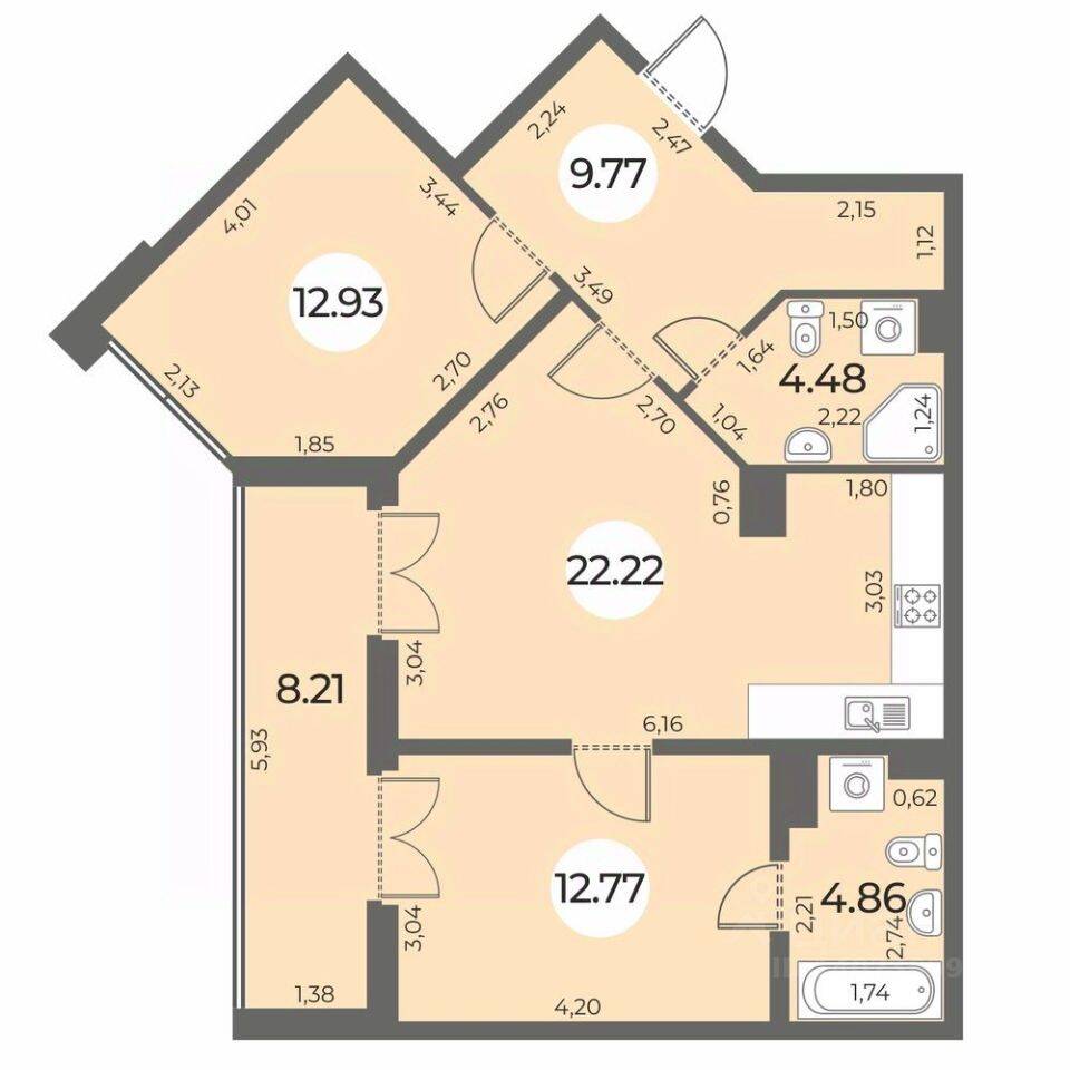 2-комн. квартира, 71,14 м², в ЖК «Огни Залива»