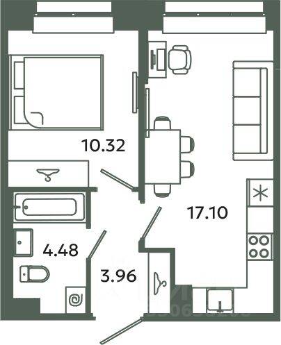 1-комн. квартира, 35,86 м², в ЖК Загляденье