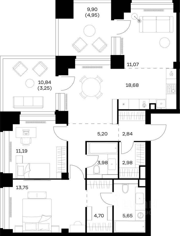 2-комн. квартира, 88,24 м², в ЖК Nova
