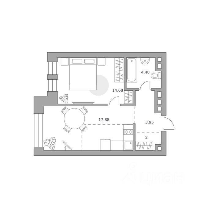 Планировка 1 комнатной квартиры, 42.99 м², в «Павелецкая от Гранель»