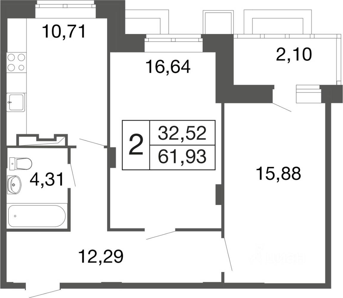 2-комн. квартира, 61,9 м², в ЖК «Времена года»