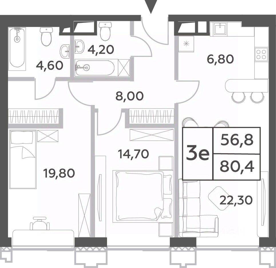 3-комн. квартира, 80,4 м², в ЖК Will Towers