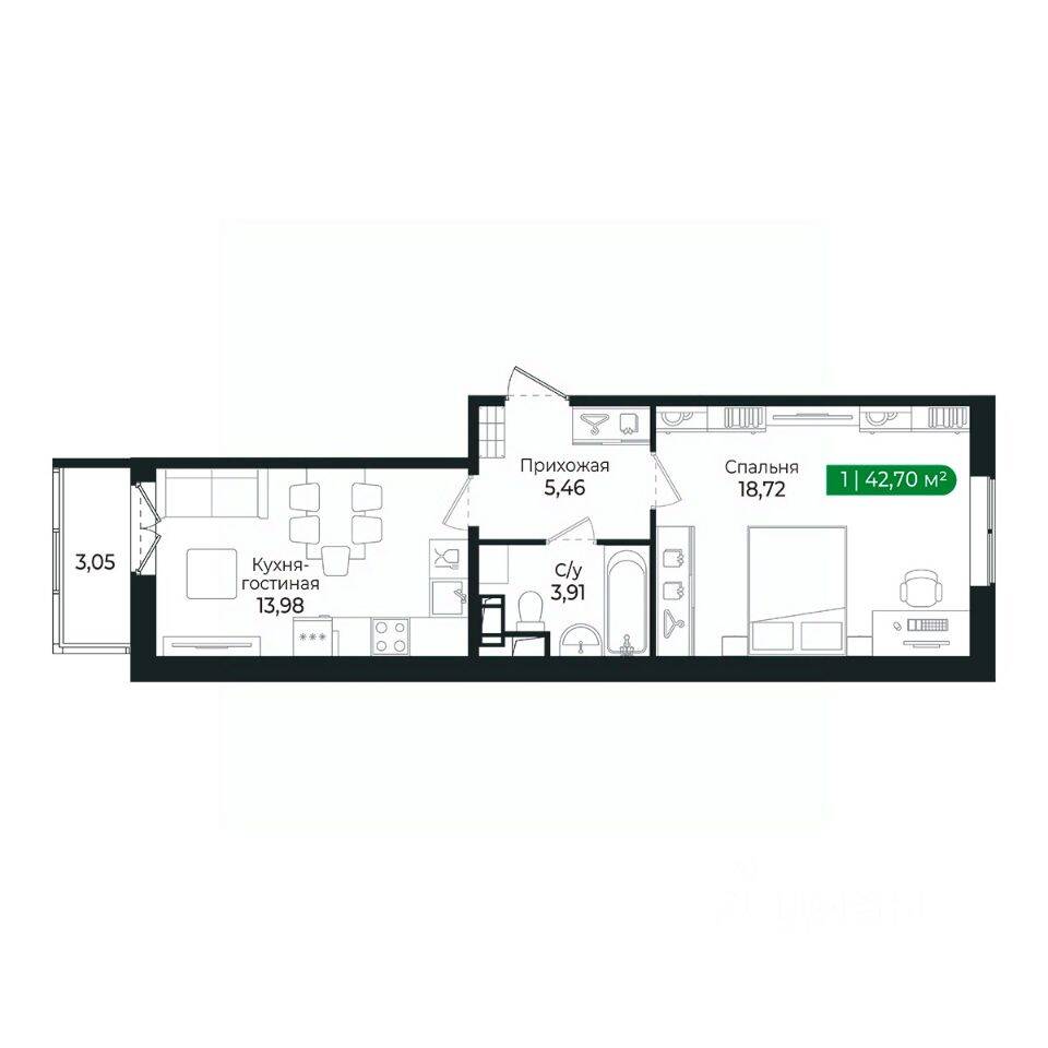 1-комн. квартира, 41,5 м², в ЖК Sertolovo Park