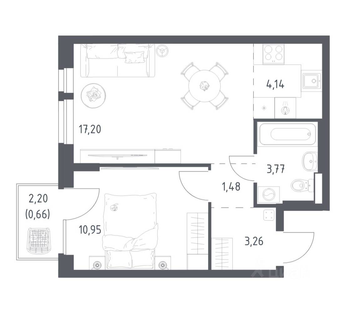 1-комн. квартира, 41,46 м², в ЖК Квартал Авиаторов