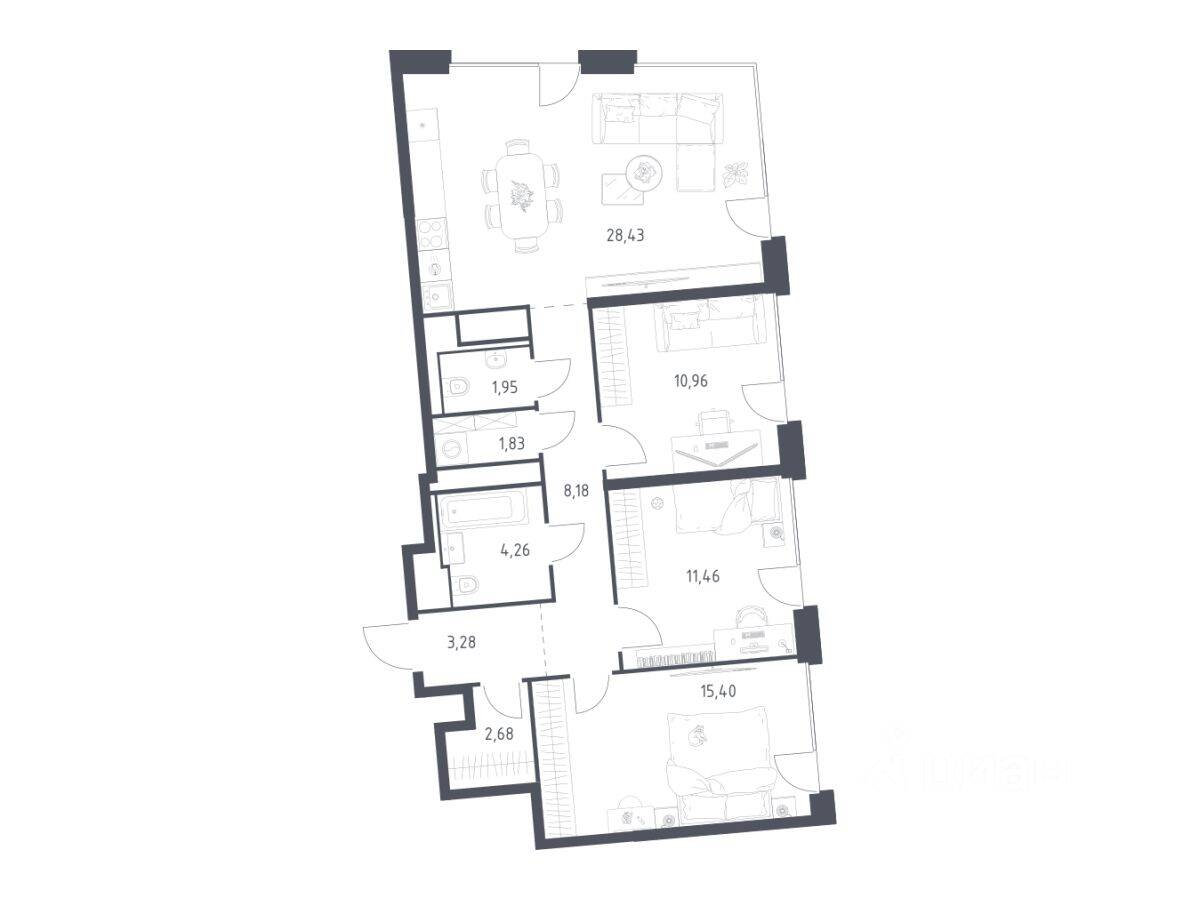 3-комн. квартира, 88,43 м², в ЖК Квартал на воде