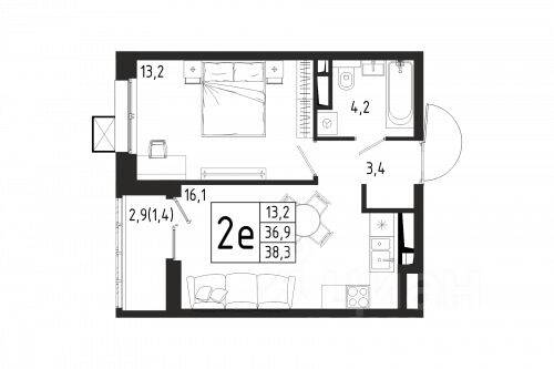 1-комн. квартира, 38,3 м², в ЖК «Берег»