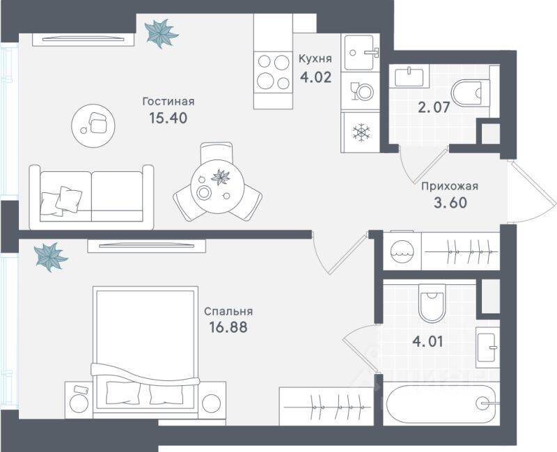 1-комн. квартира, 45,98 м², в ЖК «Солос»