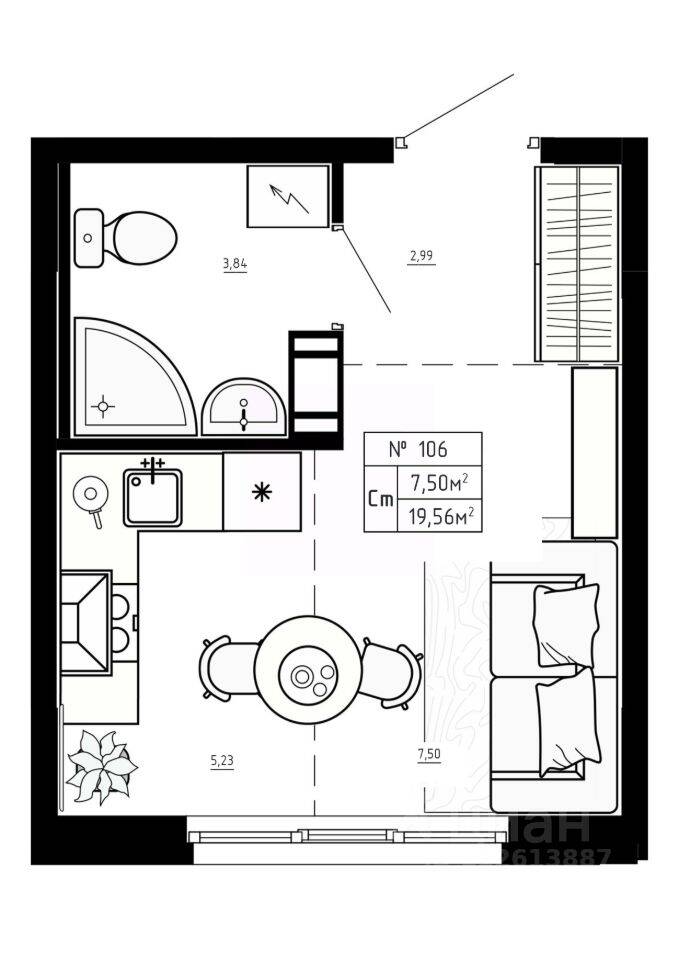 Планировка 1 комнатной квартиры, 19.56 м², в «Аннино Сити»