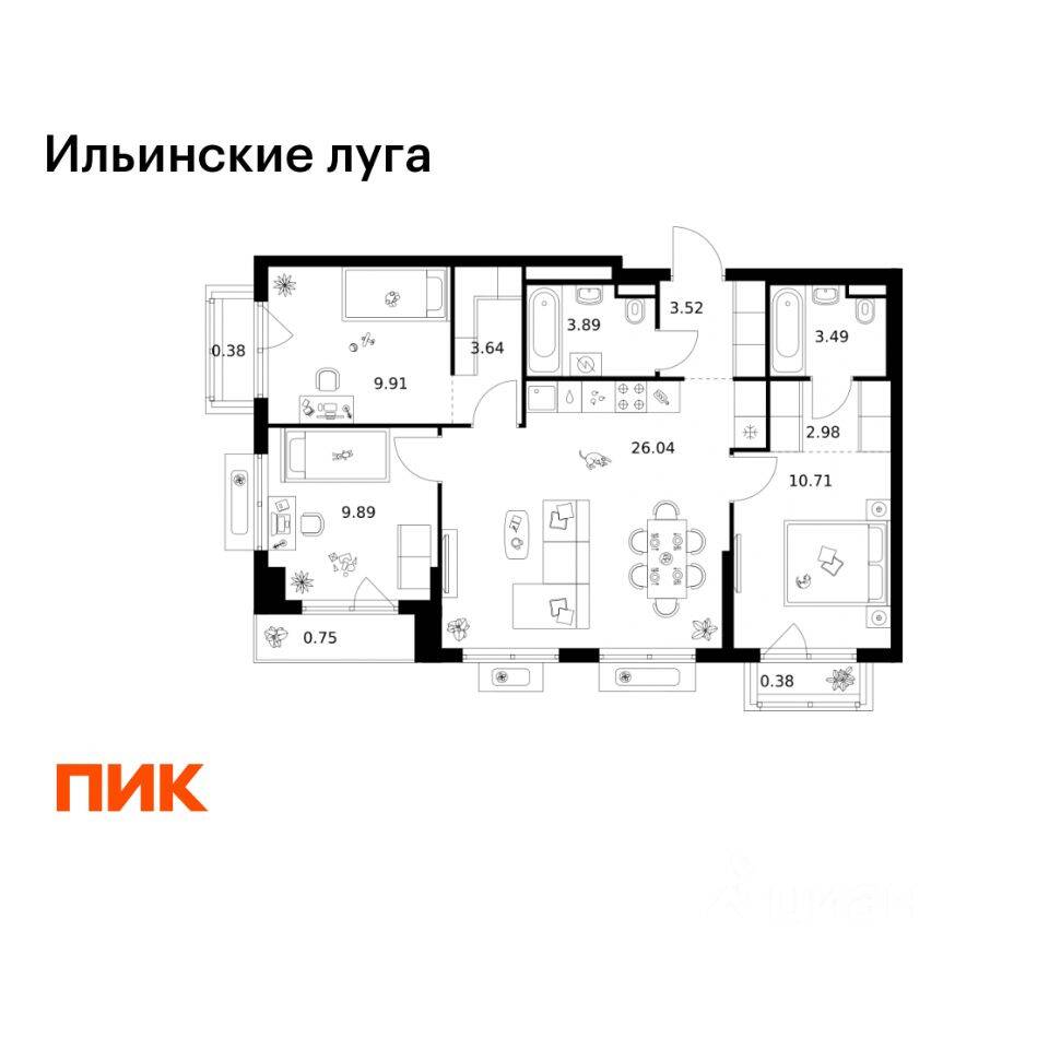 3-комн. квартира, 75,58 м², в ЖК «Ильинские луга»