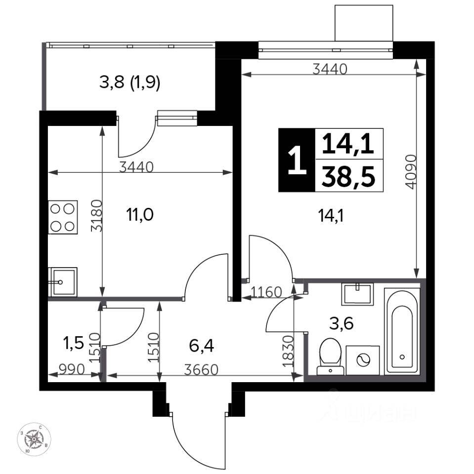 1-комн. квартира, 38,8 м², в ЖК «Южная Битца»
