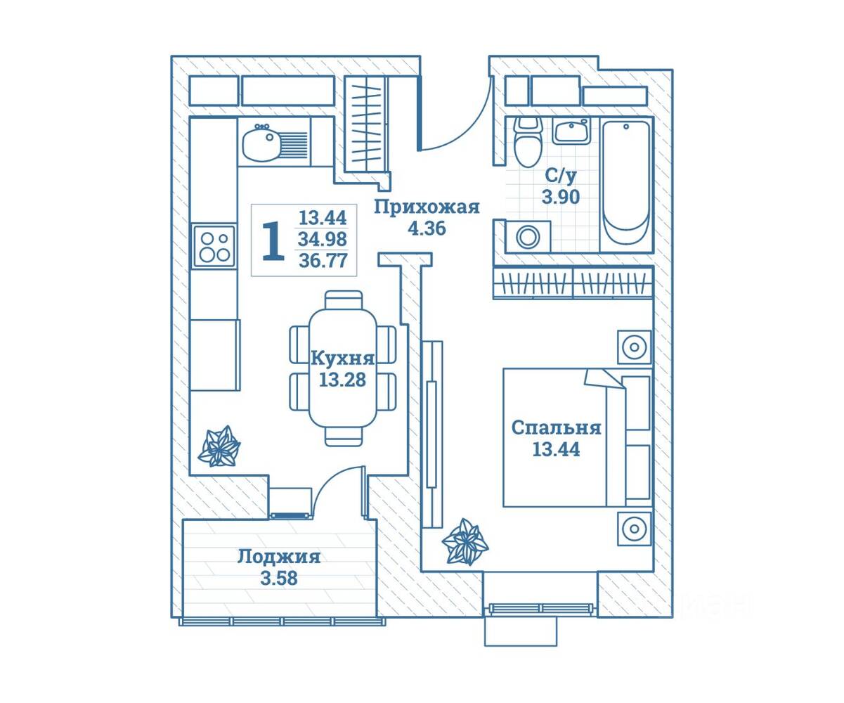 1-комн. квартира, 36,77 м², в ЖК Новоград Монино
