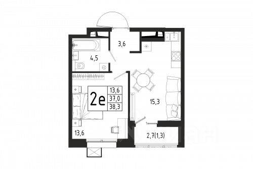 1-комн. квартира, 38,3 м², в ЖК «Берег»