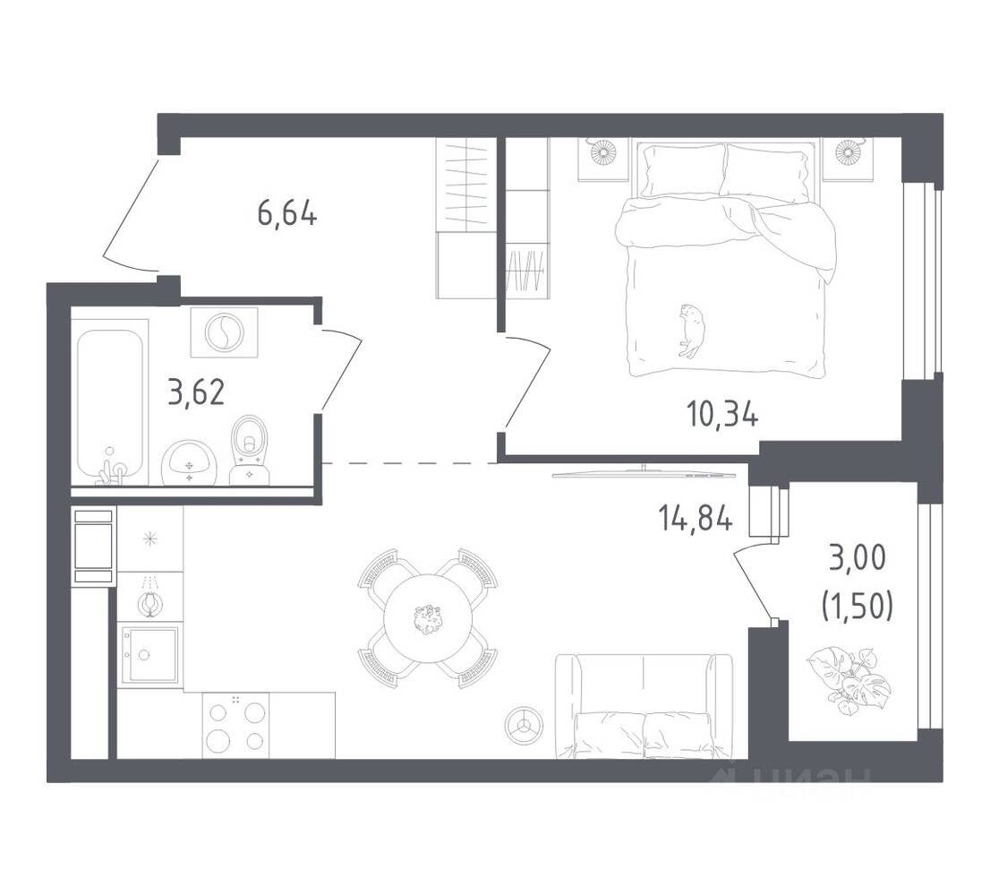 1-комн. квартира, 36,94 м², в ЖК Южная Нева