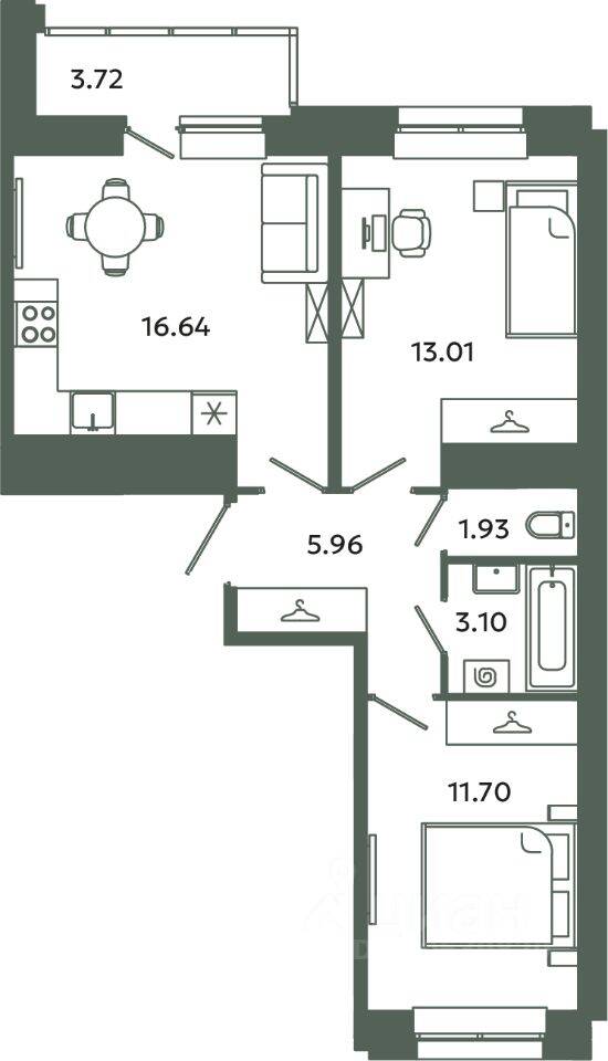 2-комн. квартира, 52,34 м², в ЖК Загляденье