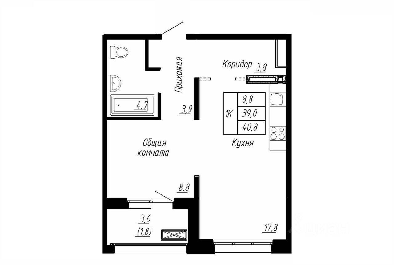 Планировка 1 комнатной квартиры, 40.8 м², в «Сибирь»