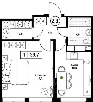1-комн. квартира, 39,7 м², в ЖК Пушкино Град