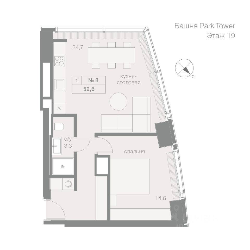 Планировка 1 комнатной квартиры, 52.6 м², в «Capital Towers»