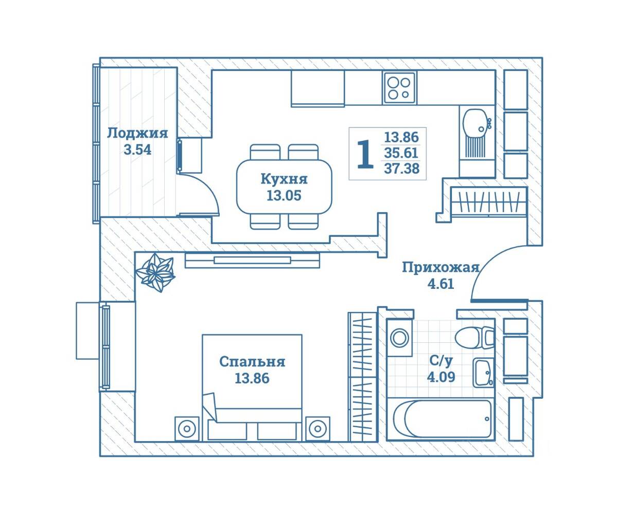 1-комн. квартира, 37,38 м², в ЖК Новоград Монино