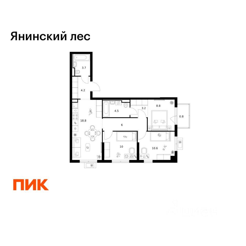 3-комн. квартира, 70,6 м², в ЖК Янинский лес