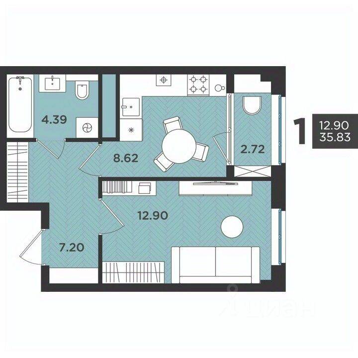 Планировка 1 комнатной квартиры, 35.83 м², в «Новокасимово»