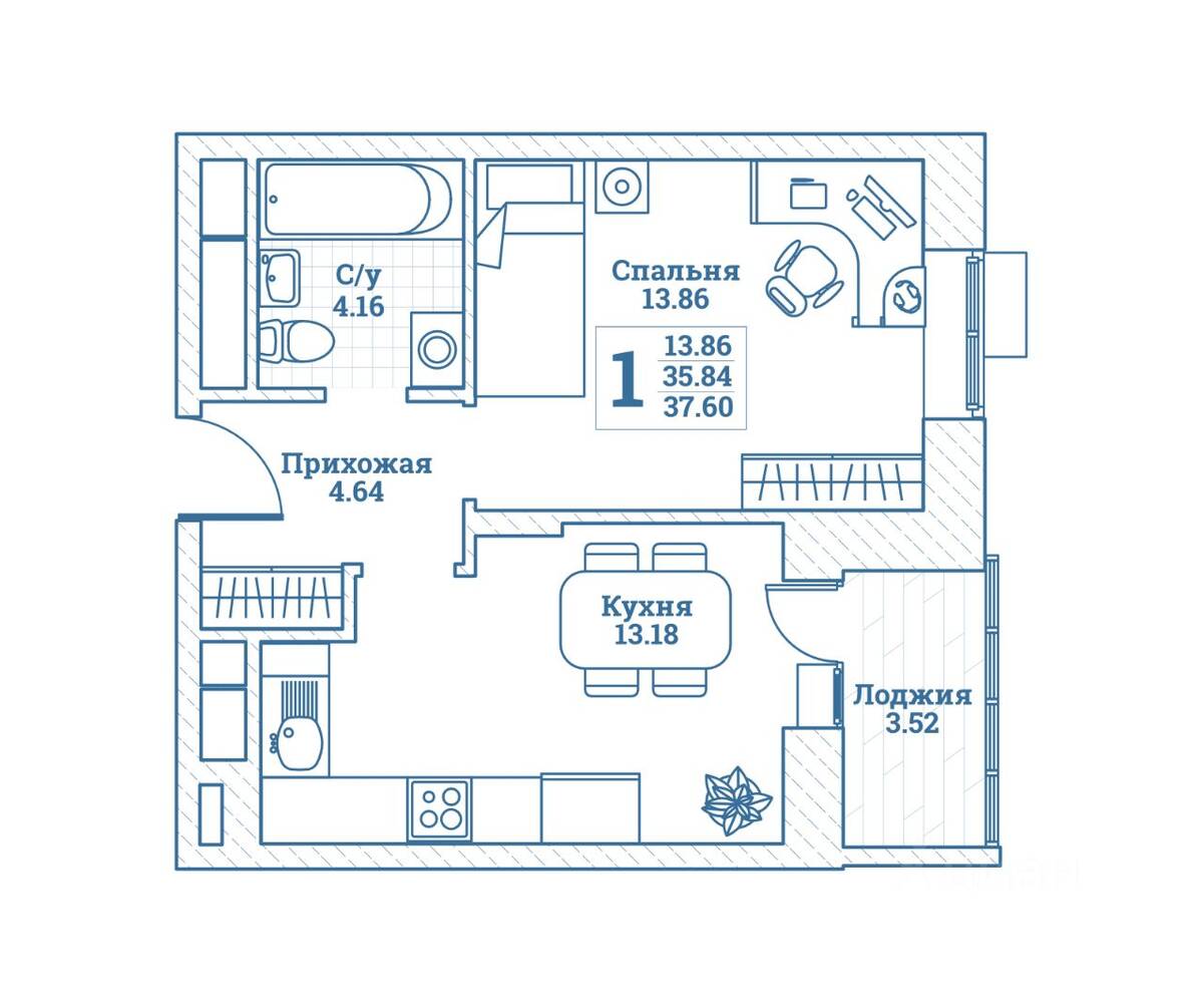 1-комн. квартира, 37,6 м², в ЖК Новоград Монино