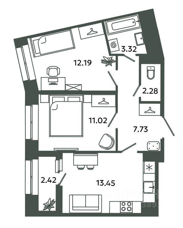 2-комн. квартира, 49,99 м², в ЖК Загляденье