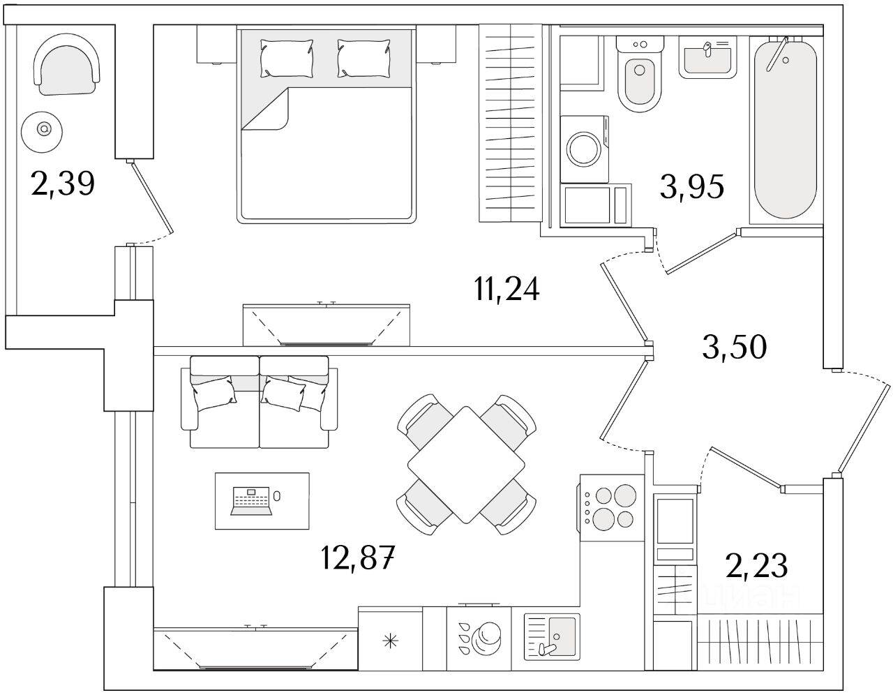 1-комн. квартира, 34,99 м², в ЖК Кинопарк