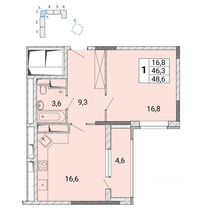 1-комн. квартира, 48,6 м², в ЖК «Центр-2»