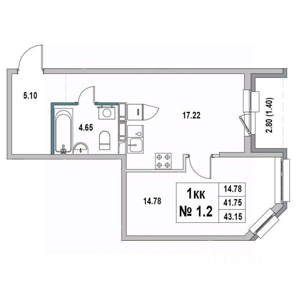 1-комн. квартира, 43,15 м², в ЖК «Новый город» (Выборг)
