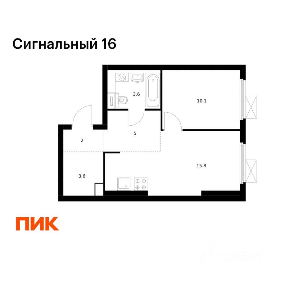 Планировка 1 комнатной квартиры, 40.1 м², в «Сигнальный 16»