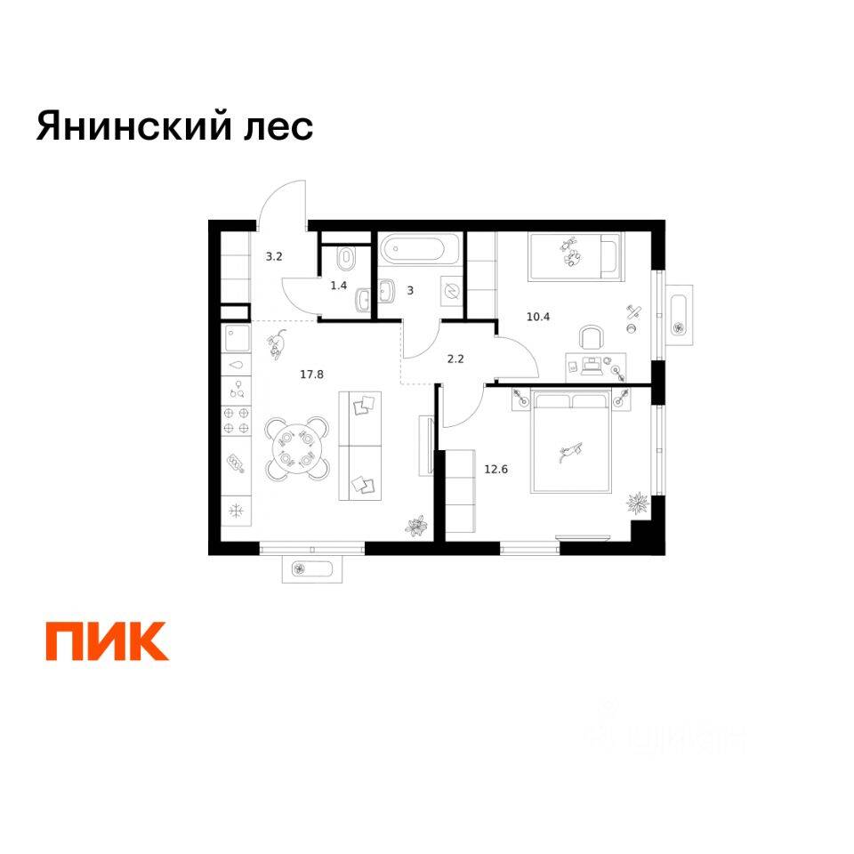 2-комн. квартира, 50,6 м², в ЖК Янинский лес