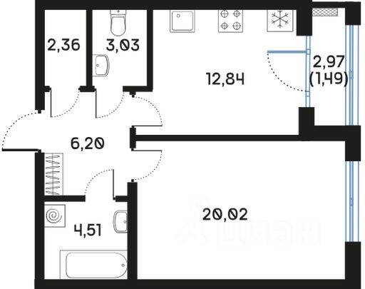 1-комн. квартира, 50,57 м², в ЖК Регенбоген