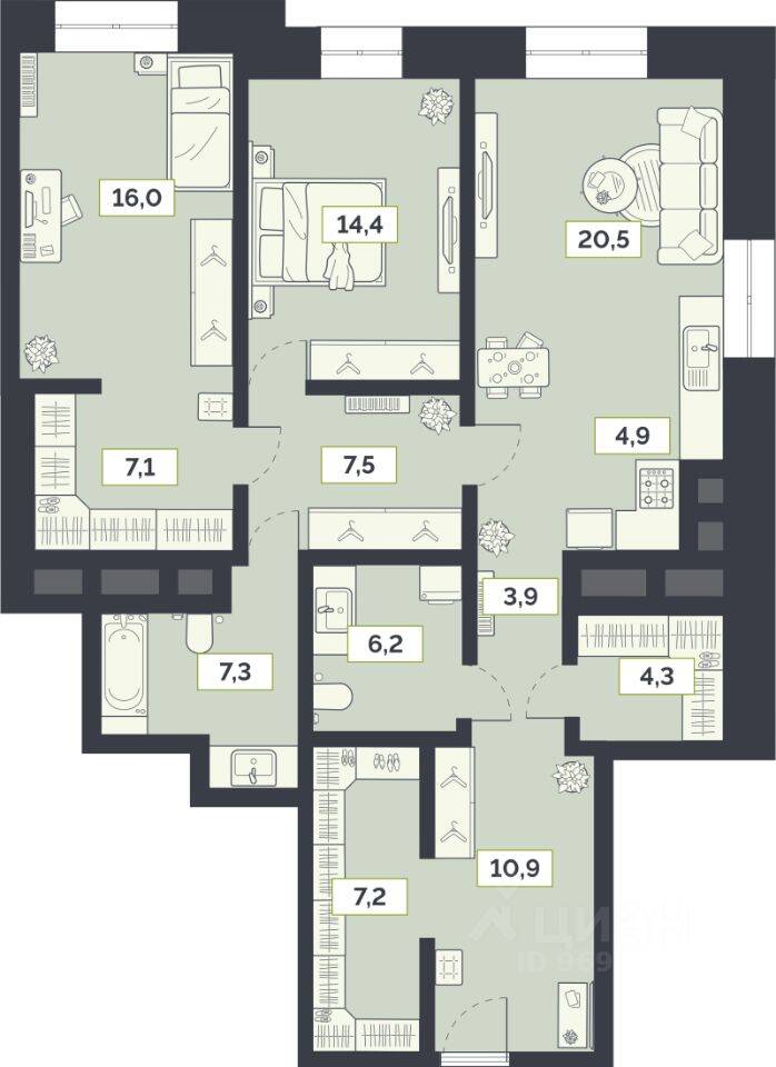 Планировка 3 комнатной квартиры, 110.2 м², в «Лайм»