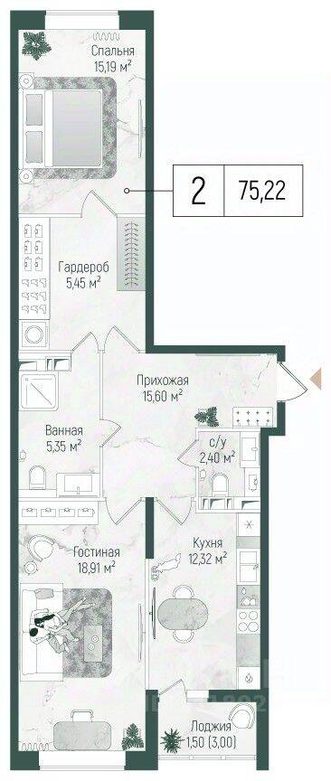 2-комн. квартира, 76,72 м², в ЖК Riga Hills