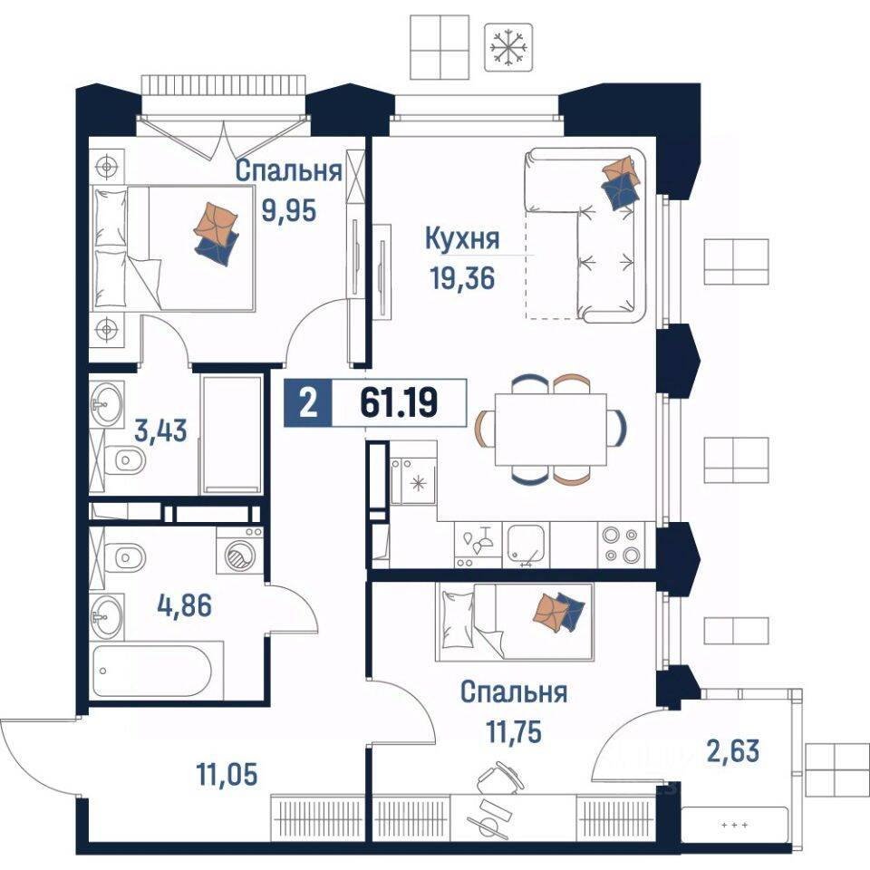 2-комн. квартира, 61,19 м², в ЖК Максималист