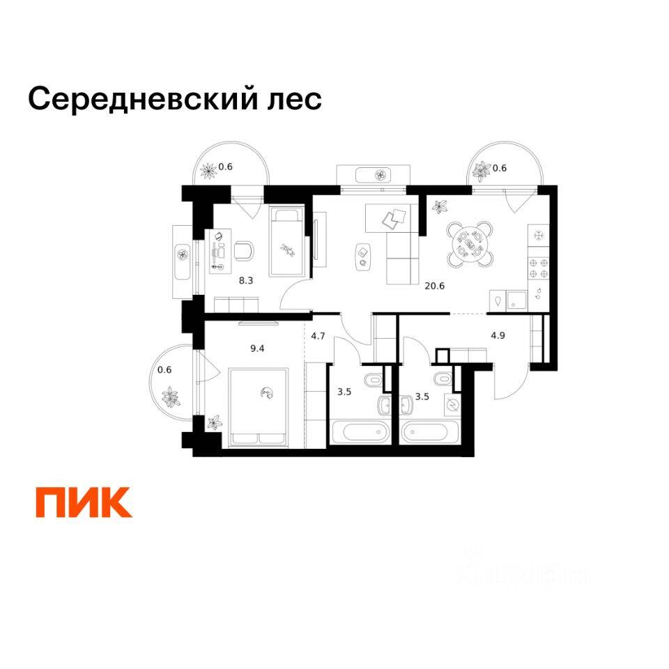 2-комн. квартира, 56,7 м², в ЖК Середневский лес