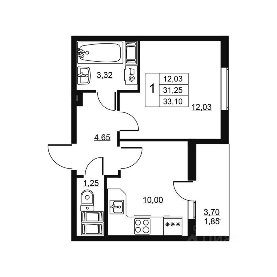 1-комн. квартира, 33,1 м², в ЖК «Высота» (Бугры)