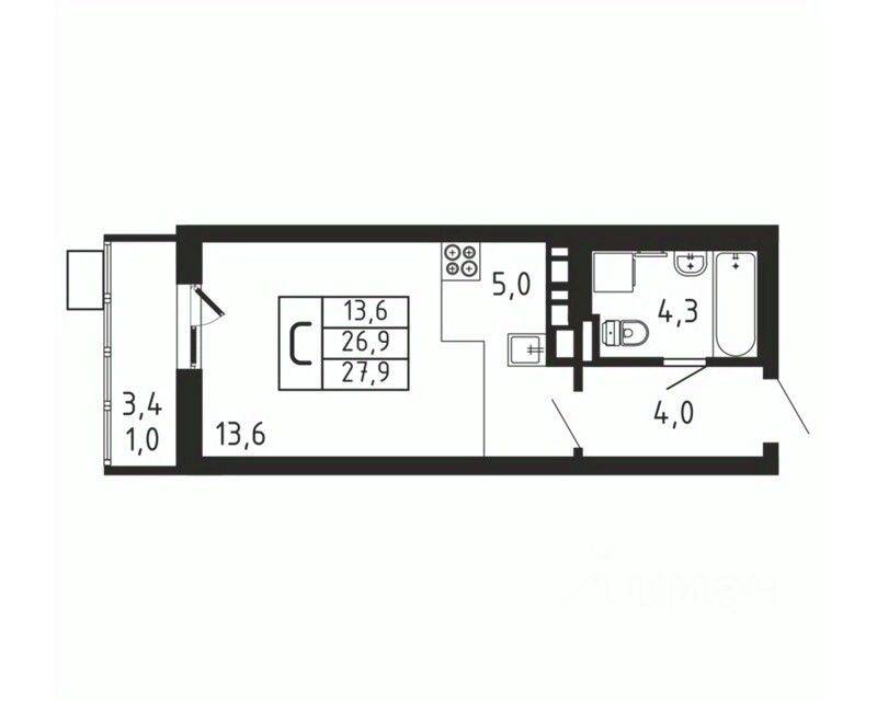 Квартира-студия, 27,9 м², в ЖК «Пироговская Ривьера»