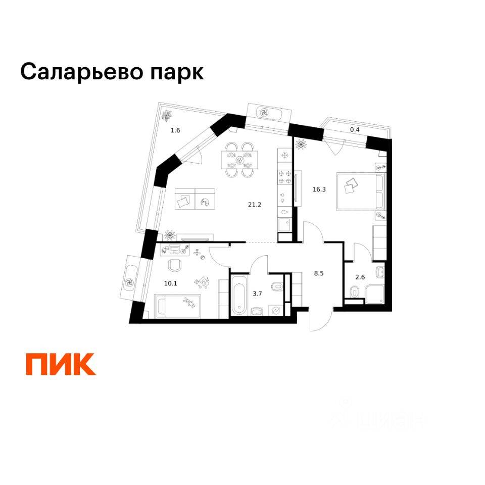 2-комн. квартира, 64,4 м², в ЖК «Саларьево парк»