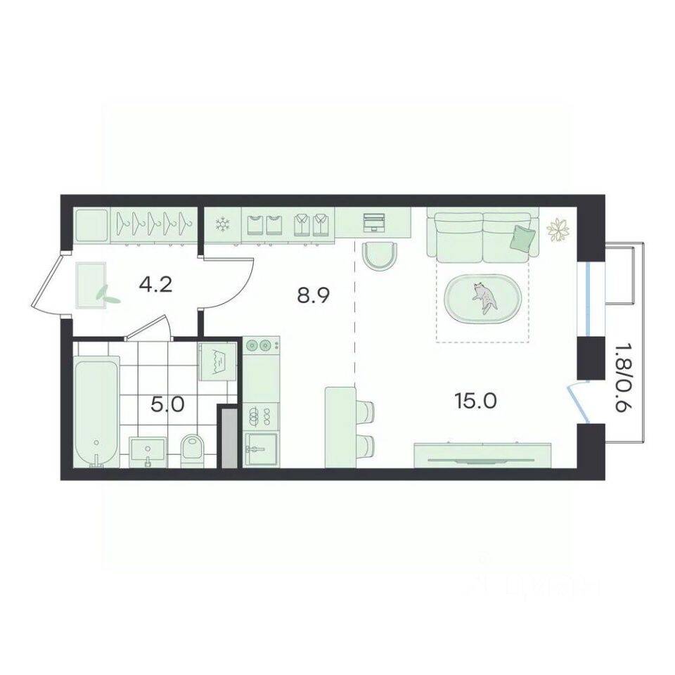 Квартира-студия, 34,4 м², в ЖК G3 Театральный