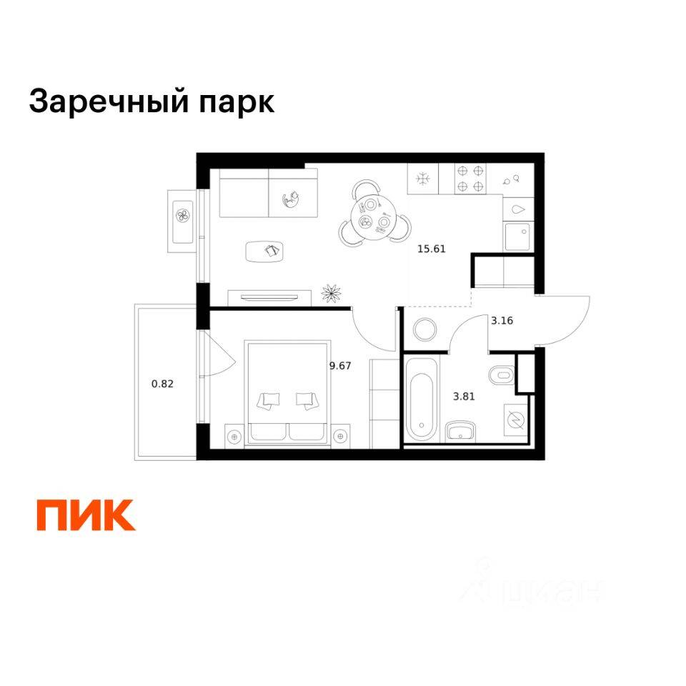 1-комн. квартира, 33,07 м², в ЖК Заречный парк