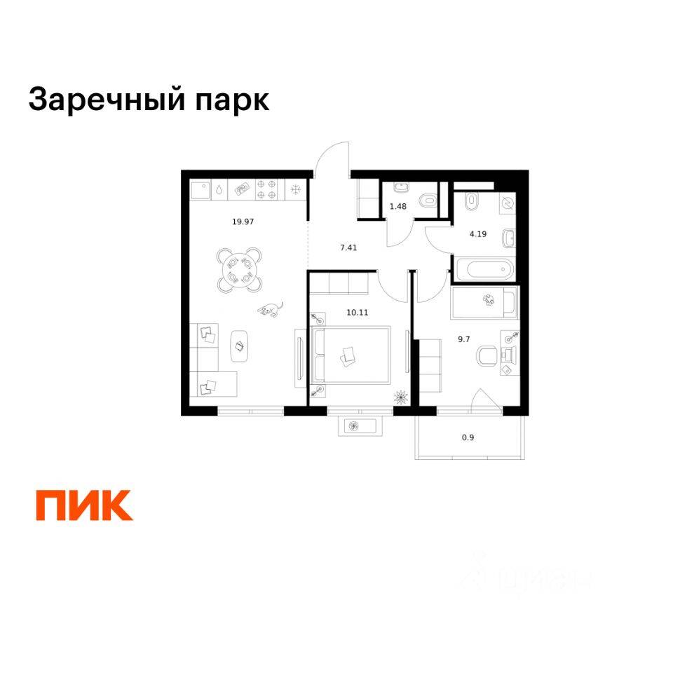 2-комн. квартира, 53,76 м², в ЖК Заречный парк