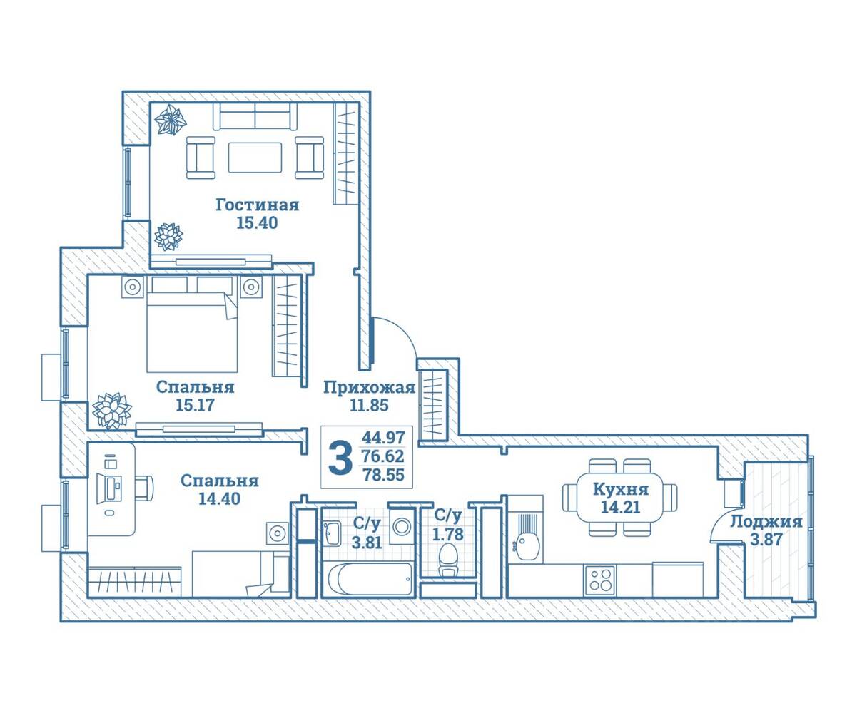 3-комн. квартира, 78,56 м², в ЖК Новоград Монино