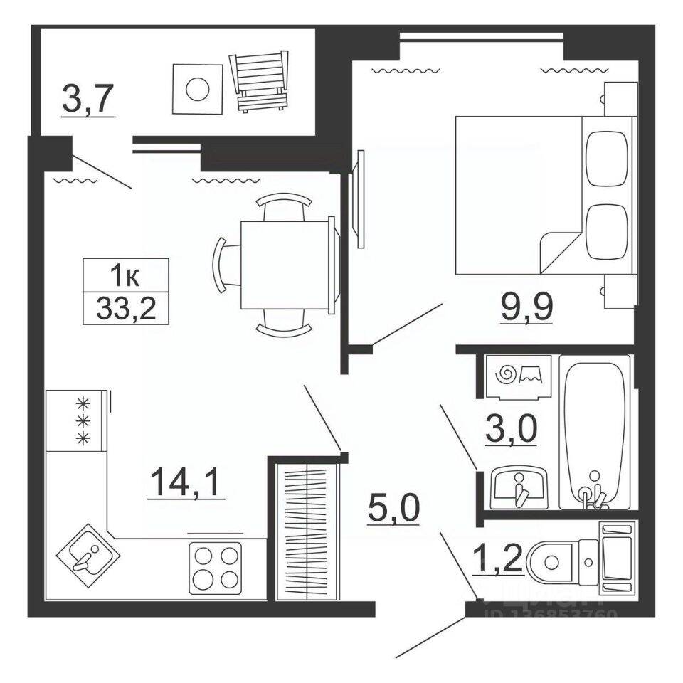 1-комн. квартира, 33,2 м², в ЖК Рубеж