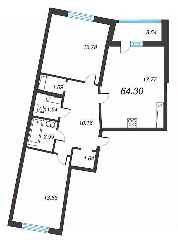 3-комн. квартира, 64,3 м², в ЖК Левитан