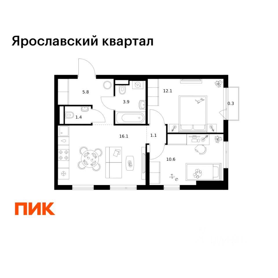 2-комн. квартира, 51,3 м², в ЖК Ярославский квартал