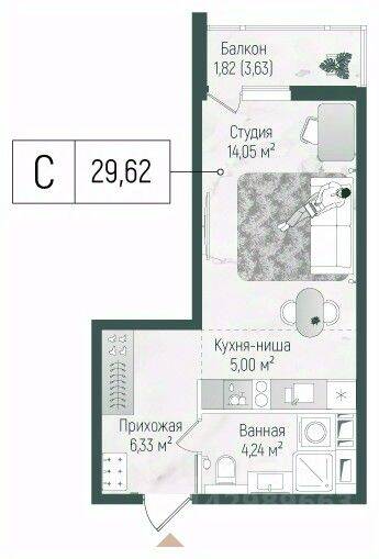 Планировка 1 комнатной квартиры, 30.9 м², в «Riga Hills»