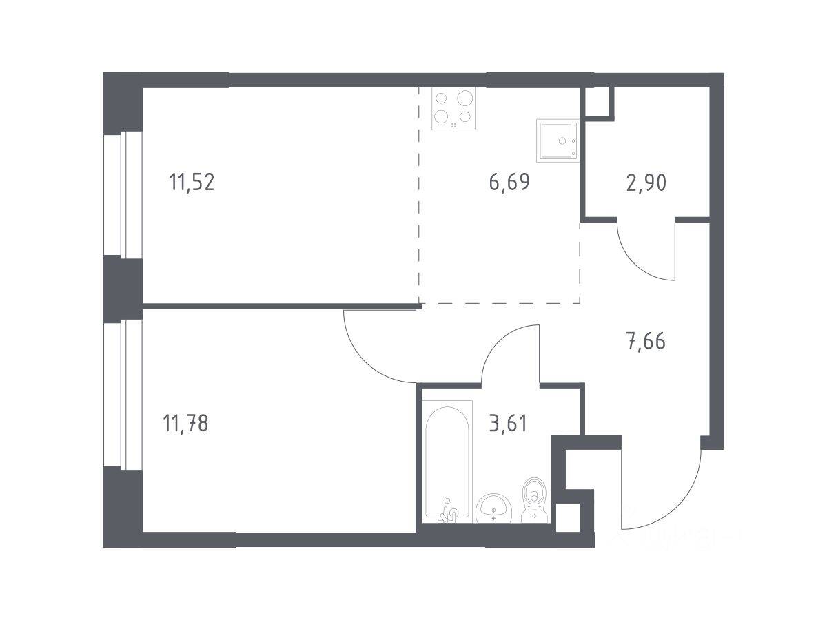 1-комн. квартира, 44,16 м², в ЖК ЭкоБунино