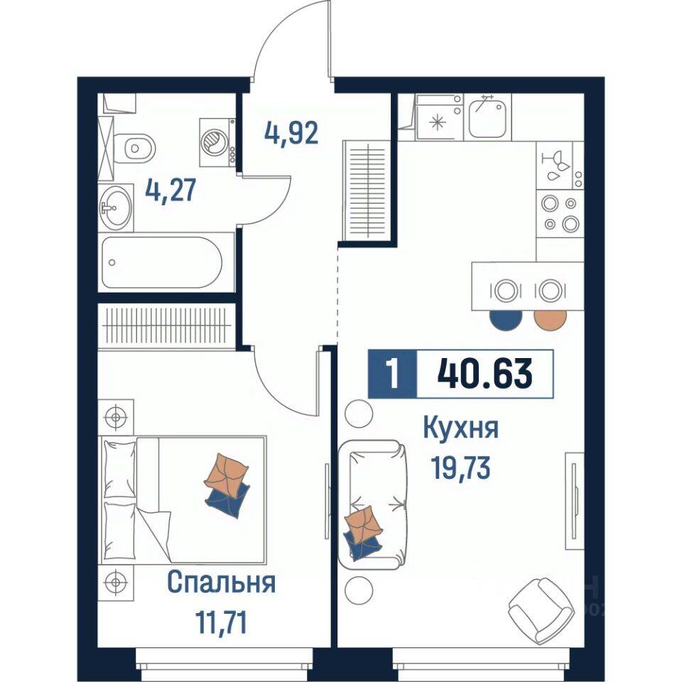 1-комн. квартира, 40,63 м², в ЖК Максималист